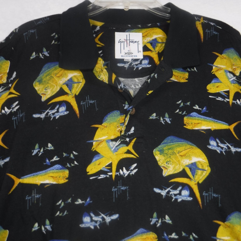 Guy Harvey AFTCO Mens XXL Black Mahi Mahi Flying Fish All Over Print‎ Polo Shirt